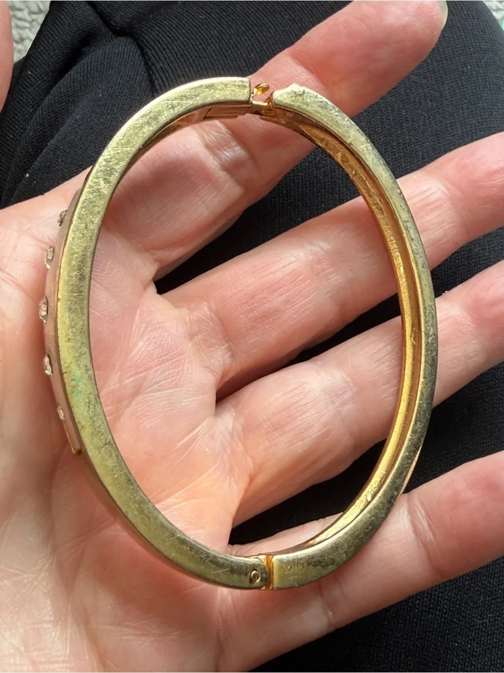 Vintage Two-Tone Hinged Bangle Bracelet with Rhinestones